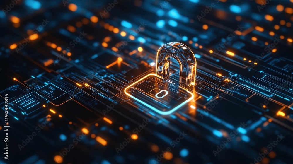 Poster digital lock symbolizing security in business technology with abstract background of data connection