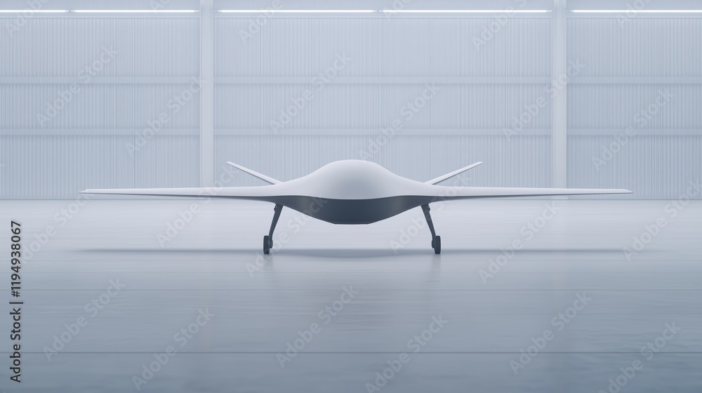 Poster modern war drone prototype in a futuristic factory setting showcasing advanced technology and aerody