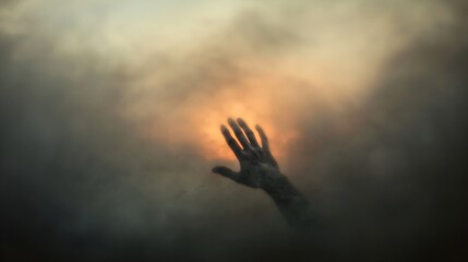 Silhouette of prayer human hand open palm up worship in the morning with sunrise sky. Freedom and spirituality concept. God helping repent catholic easter lent mind pray. Christian religion, belief