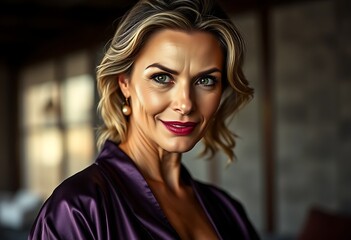 Fototapeta premium Blond Woman Purple Satin Robe Soft Lighting Indoor Portrait