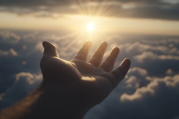 Silhouette of prayer human hand open palm up worship in the morning with sunrise sky. Freedom and spirituality concept. God helping repent catholic easter lent mind pray. Christian religion, belief