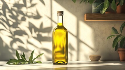 Glass bottle of olive oil in sunlight.