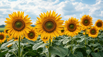 Fototapeta premium Vibrant sunflowers blooming under bright blue sky, creating cheerful scene