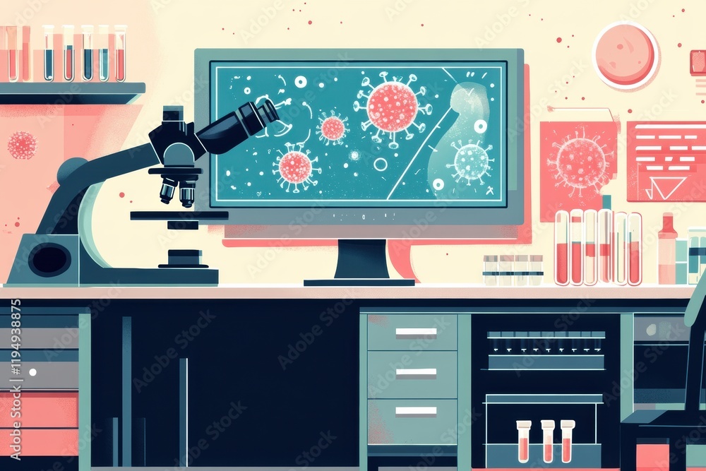 Poster laboratory workspace featuring microscopes, test tubes, and bacteria visualization on monitor. gener