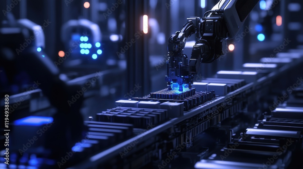Poster a precision robotic arm equipped with advanced sensors meticulously placing components onto a convey