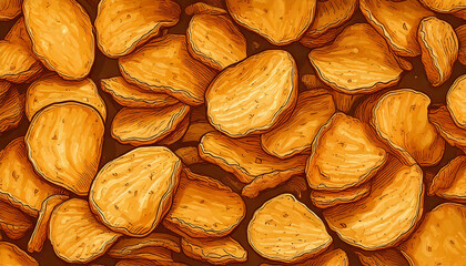 Cartoon-style illustration of different-sized chips arranged like a wallpaper.