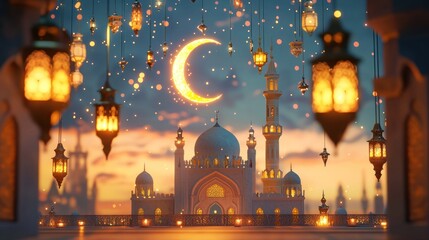 Fototapeta premium Ramadan Nights: A Festive Mosque Under the Crescent Moon