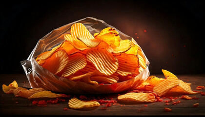 Open bag filled with ridged chips spilling out.