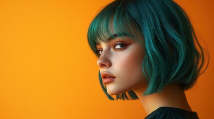 Fototapeta premium Vibrant teal bob hairstyle complements the youthful look against a vivid orange background, showcasing a blend of fashion and fresh style during a sunny afternoon