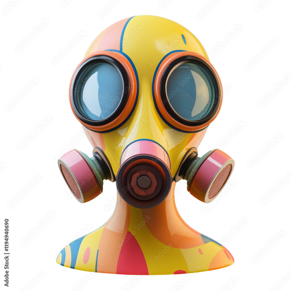 Poster A 3D rendered image shows a stylized gas mask with a colorful abstract design on a mannequin head.