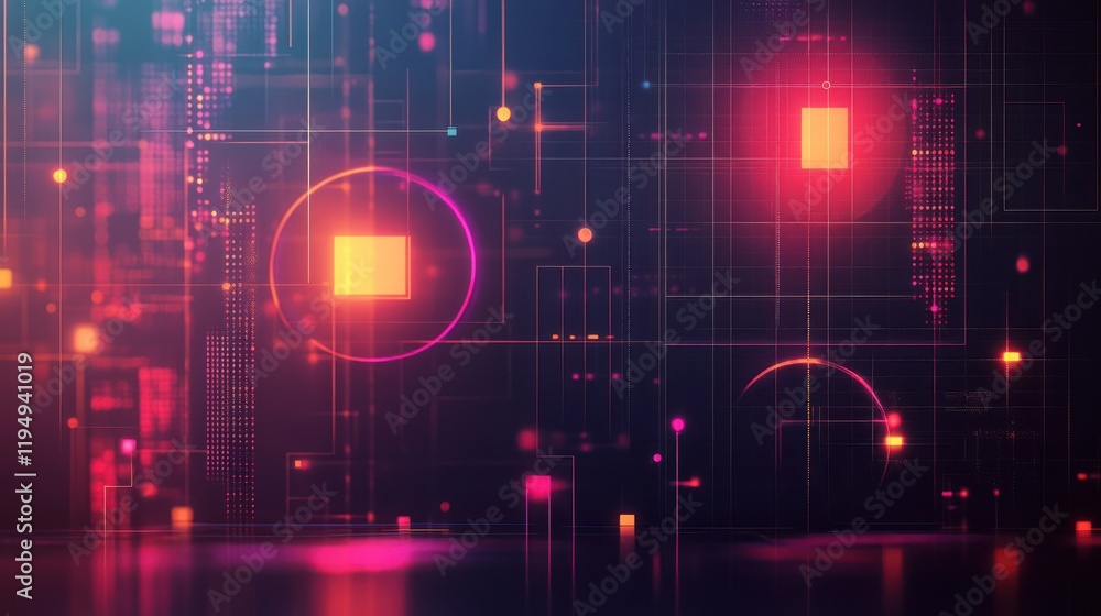 Poster abstract digital technology background with glowing squares and lines.