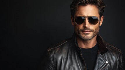 Obraz premium Stylish man wearing a leather jacket and aviator sunglasses poses confidently against a dark background, exuding a sense of cool elegance and charisma