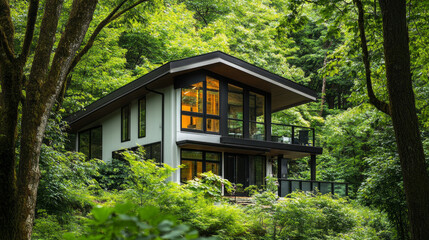 Fototapeta premium Modern house surrounded by lush greenery and towering trees in a serene forest setting