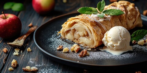 Delicious apple strudel with ice cream on a black plate surrounded by walnuts and fresh apples on a dark wooden background with space for text