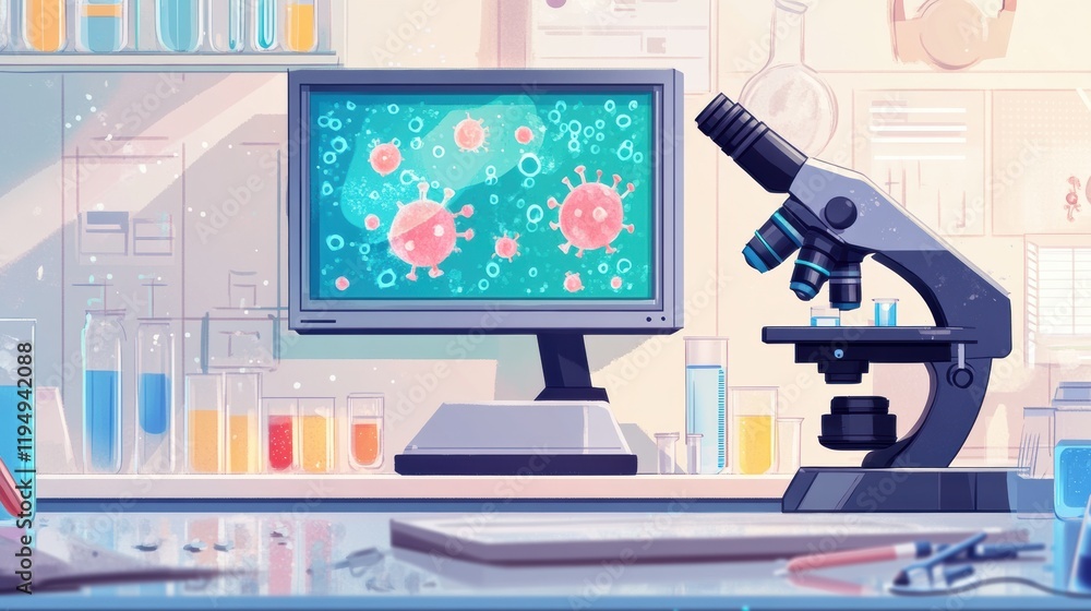 Leinwandbilder Laboratory setup displaying microscopes, test tubes, and bacteria visuals on monitor in a scientific research environment. Generative AI
