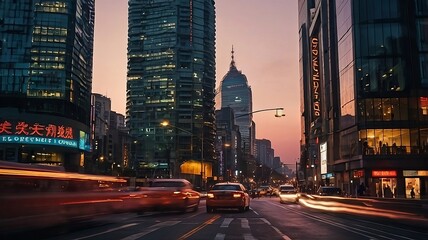 Modern City Street View with Office Buildings and Evening Traffic Light Trails at Dusk
