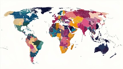 Colorful map showing language distribution across continents, with distinct colors representing different languages.