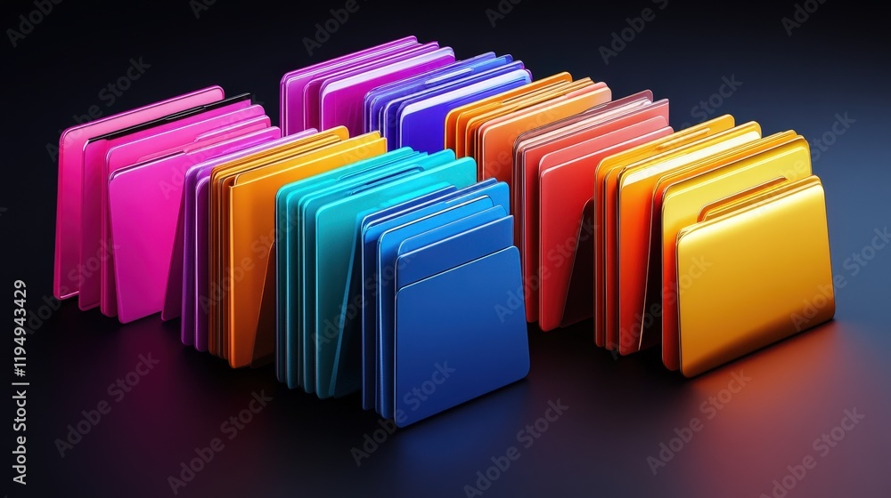 Aufkleber colorful file folders arrangement on black background representing business and technology concepts 