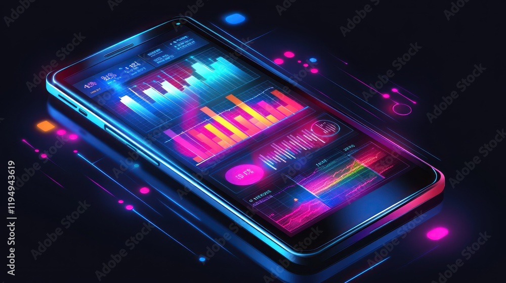 Poster neon smartphone displaying vibrant data analytics charts and graphs.