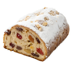 A single slice of stollen bread with powdered sugar coating, showcasing its fruit-and-nut filling., isolated on a transparent background