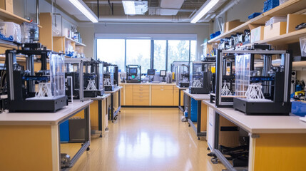 Innovative lab environment featuring multiple 3D printers working on various projects in a bright workspace
