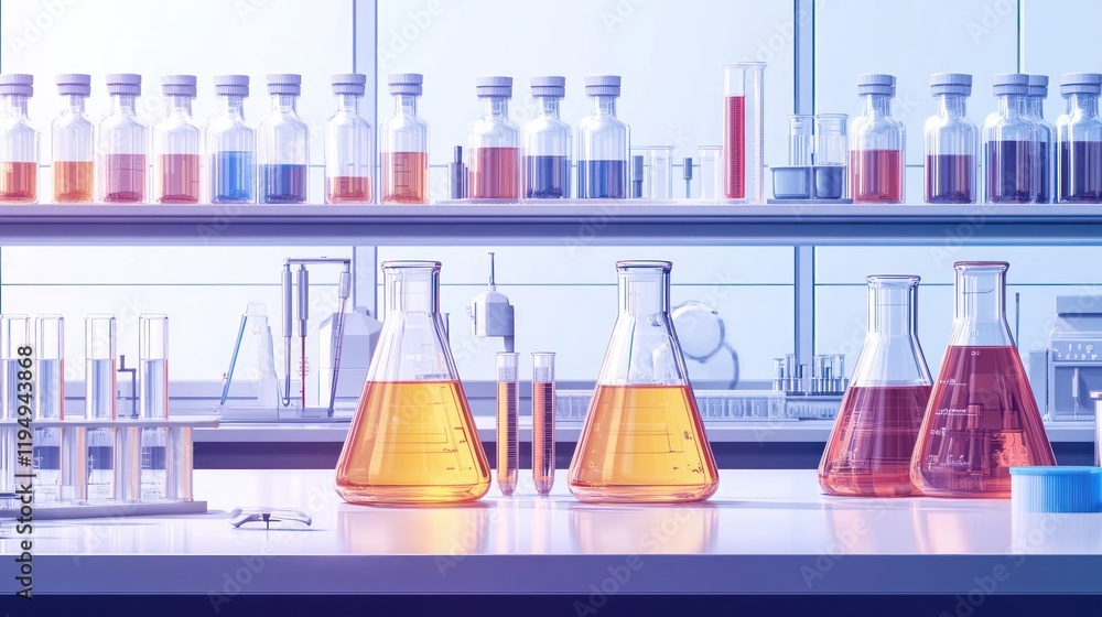 Poster lab glassware with colorful liquids on a lab bench.