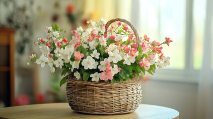 A beautifully decorated basket filled with vibrant flowers sits elegantly on a table, enhancing the festive atmosphere of the room for Easter celebrations.