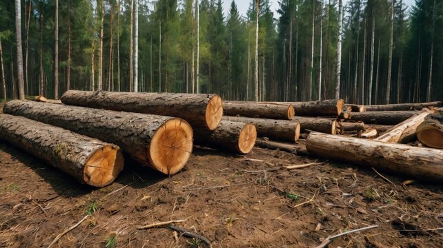 Deforestation forest and Illegal logging. Cutting trees. ​Stacks of cut wood. Wood logs, timber logging, industrial destruction. Forests illegal disappearing. Environmetal and ecological issues