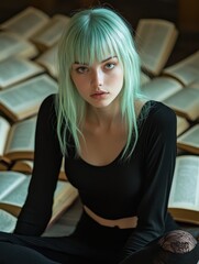 Obraz premium A young woman with mint green hair relaxes amidst a collection of open books, surrounded by the warm, soft glow of afternoon light in a cozy indoor space