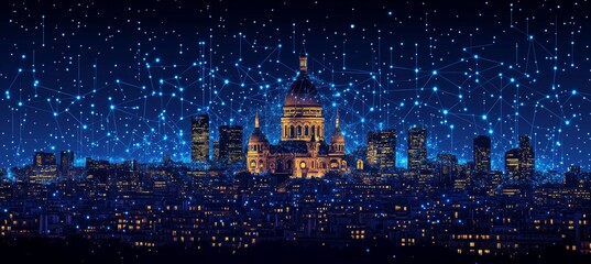 Fototapeta premium Paris Skyline at Night, Illuminated Under a Sea of Stars and Futuristic Digital Network Connections