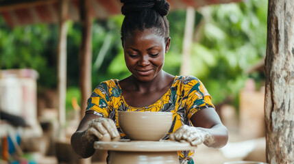 Woman expertly creating pottery on a wheel in a serene outdoor studio setting