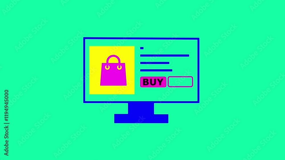 Poster e-commerce buy computer monitor with bar graph and shopping bag icon, perfect for financial analysis