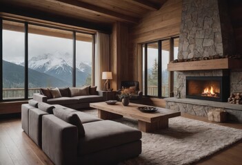 A cozy living room with a fireplace and mountains in the back