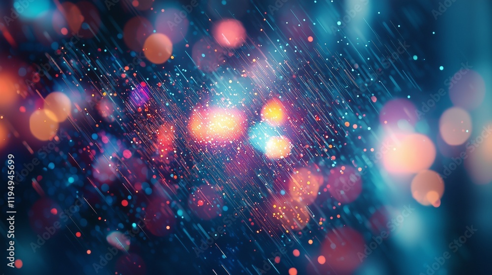 Poster vibrant bokeh lights on a blurred background symbolize digital streaming and connectivity.