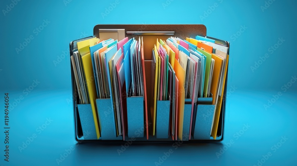 Poster organized digital document management system featuring colorful files in a modern office setting for