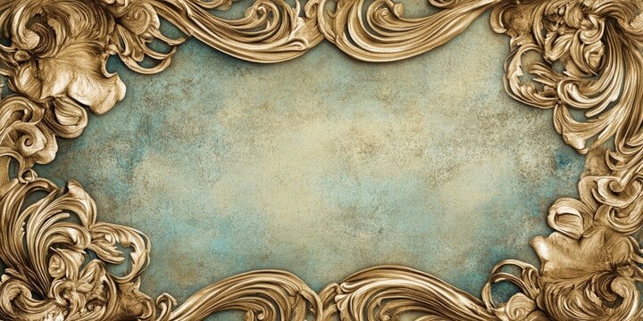 Antique baroque-style invitation background with ornate golden decorations on turquoise, featuring a blank central area for custom text.