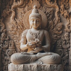 Serene Buddha Statue with Intricate Carving Details