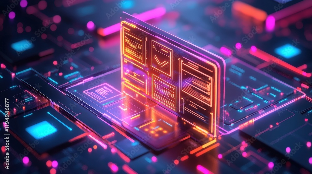 Poster futuristic digital document management system with neon highlights and circuit patterns for innovati