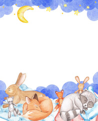 A charming watercolor illustration a crescent moon and golden stars in a serene night sky. Sleeping bunny, fox, and raccoon surrounded by plush toys on fluffy clouds. Ideal decor, baby invitations.