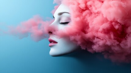 Naklejka premium Pink Dream: A Surreal Portrait of a Woman Enveloped in Cotton Candy Clouds