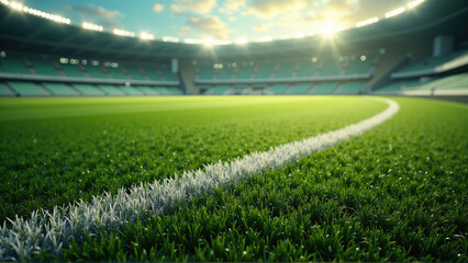 Grass field with white line under stadium lights during sunset in a sports arena