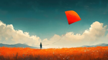 Child Flying an Orange Kite in a Vibrant Field of Wildflowers Under a Serene Sky with Soft Clouds and Distant Mountains for Nature and Outdoor Themes