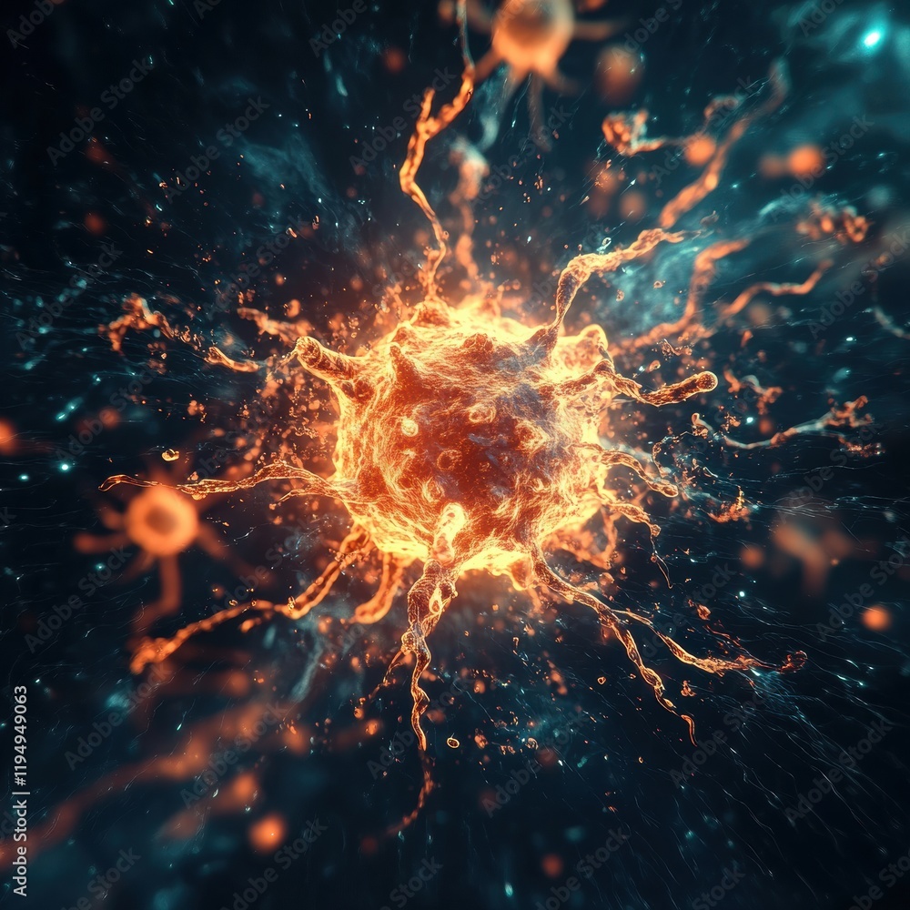 Poster magnified human cell facing attack from virus in a dramatic microscopic environment. generative ai