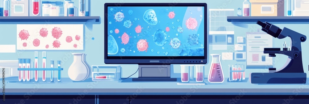 Poster Laboratory setting with advanced microscopes and visuals of bacteria on a monitor showing research activities. Generative AI