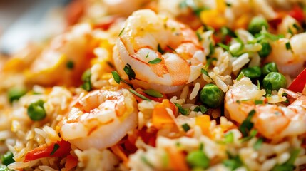 Close-up of a rice dish with seafood and vegetables. Featuring a mix of shrimp, fish, and fresh vegetables. Emphasizing a delicious and balanced meal. Ideal for seafood recipes and healthy eating.