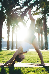 Fototapeta premium Sportive young lady stretching in park
