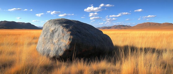 Lone boulder in golden field.