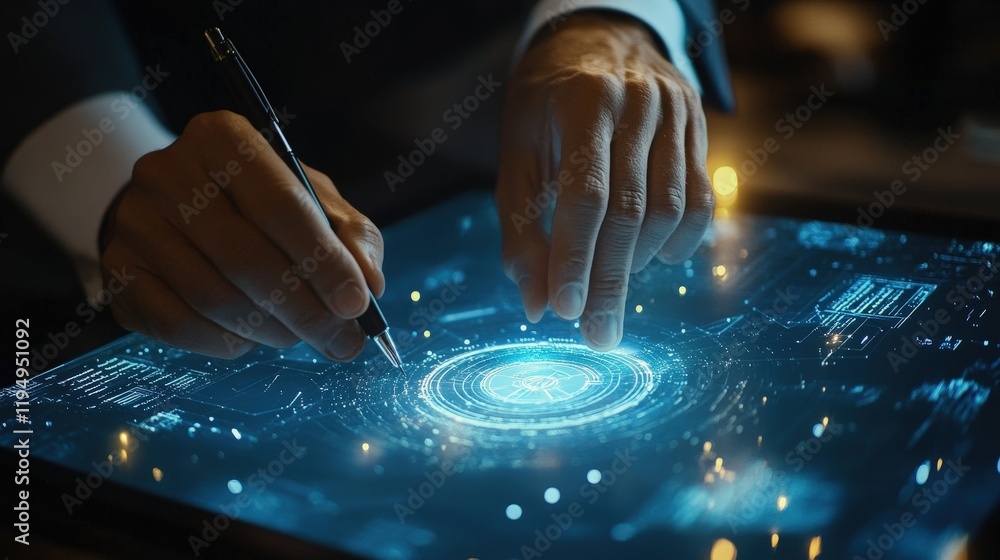 Poster businessman using tablet to sign digital document in modern office setting with futuristic touchscre