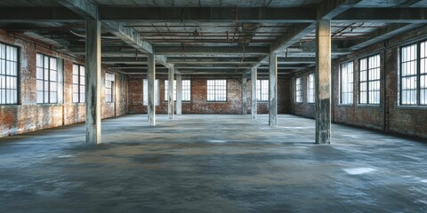 Vacant industrial factory interior featuring weathered brick walls, large windows, and concrete floor with shadows, creating an empty spacious atmosphere.