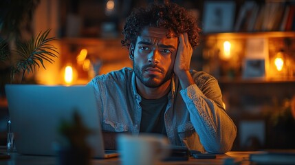 Stressed man working late on laptop, home office, warm lighting